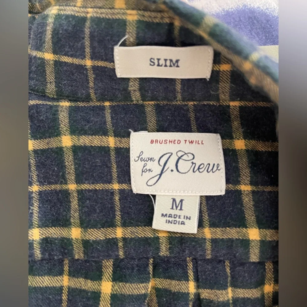 J.Crew Slim Fit Brushed Twill Flannel Shirt Plaid Navy Yellow Men’s Medium
